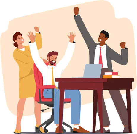 Business Team Rejoice Near The Computer Celebrating Success With Smiles And High Fives As They Achieve Their Goals And Make Strides Toward Their Collective Vision Cartoon People Vector Illustration Illustration