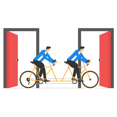 Business Team Riding Tandem Bicycle Resign And Walk Through Exit Door Great Resignation Employee Resign Quit Or Leaving Company People Management Or Human Resources Problem Concept Illustration