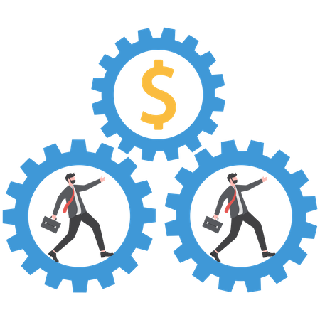 Business team run inside the gears and cause the mechanism to work  Illustration