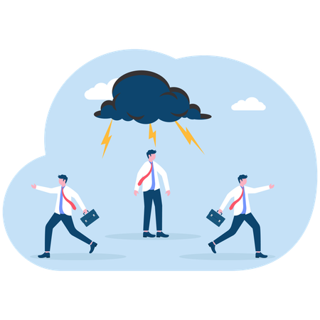 Business team running away from angry colleague with thunder cloud above his head  Illustration