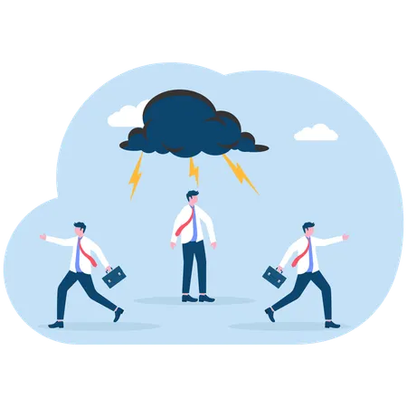 Business team running away from angry colleague with thunder cloud above his head  Illustration