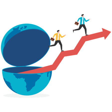 Business team running on growth chart while getting global success  Illustration