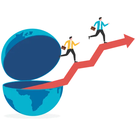 Business team running on growth chart while getting global success  Illustration