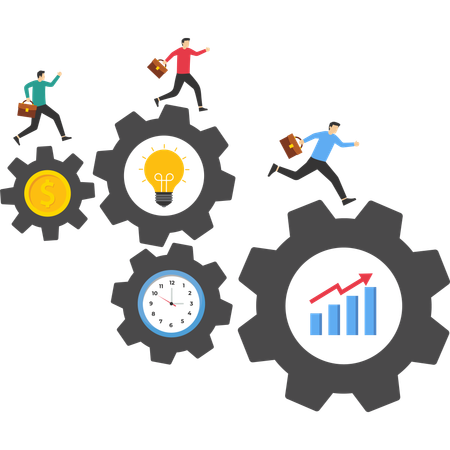 Business team running on rotating cogwheel  Illustration