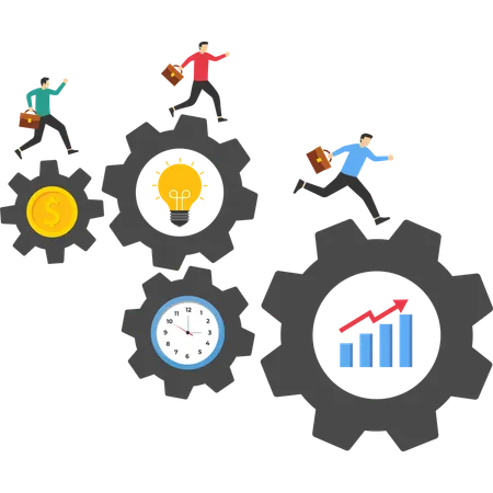 Business team running on rotating cogwheel  Illustration