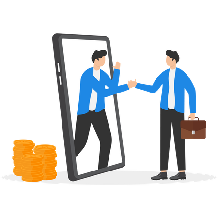 Business team shaking hands through a display of a smartphone  Illustration