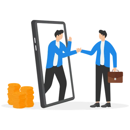 Business Team Shaking Hands Through A Display Of A Smartphone E Commerce Flat Modern Vector Illustration Illustration
