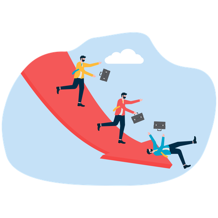 Business team slides over down arrow  Illustration