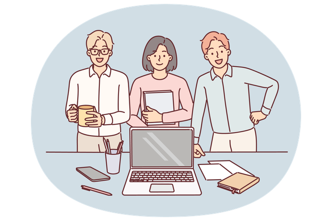 Business team smiling standing near desk with laptop in office and reporting to manager on work done  Illustration