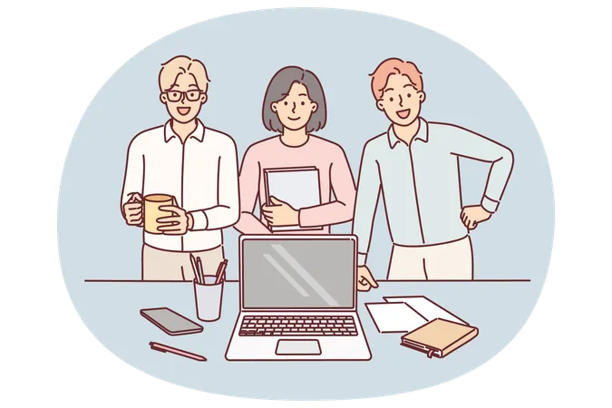 Business team smiling standing near desk with laptop in office and reporting to manager on work done  Illustration