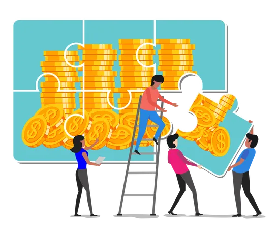 Business Concept Team People Connecting Puzzle Elements Team Build The Money Vector Illustration Flat Design Style Symbol Of Teamwork Cooperation Partnership Illustration