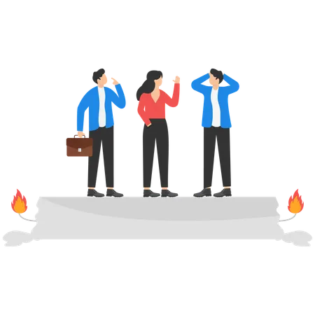 Business team standing on candle burning at both ends  Illustration