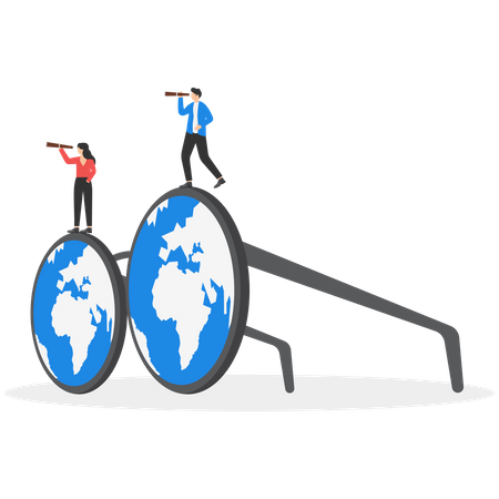 Business team standing on eyeglasses and searching world map for success  Illustration