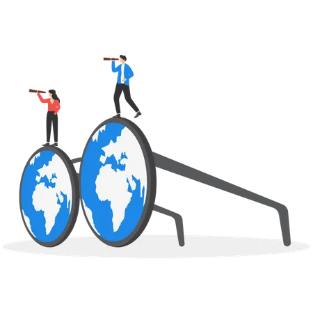 Business team standing on eyeglasses and searching world map for success  イラスト