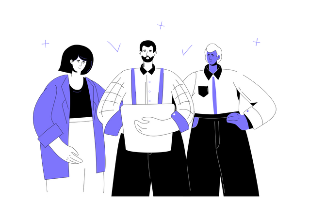 Business team standing together, check marks and pluses Illustration