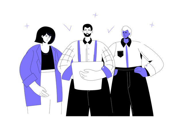 Business team standing together, check marks and pluses  Illustration