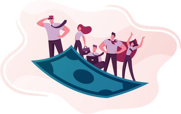 Business Team Travel on Flying Money Carpet  Illustration