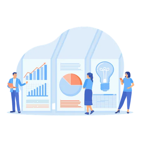 Das Business-Team überwacht Datendiagramme und -tabellen  Illustration