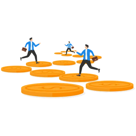 Business team walked on the coin road  Illustration
