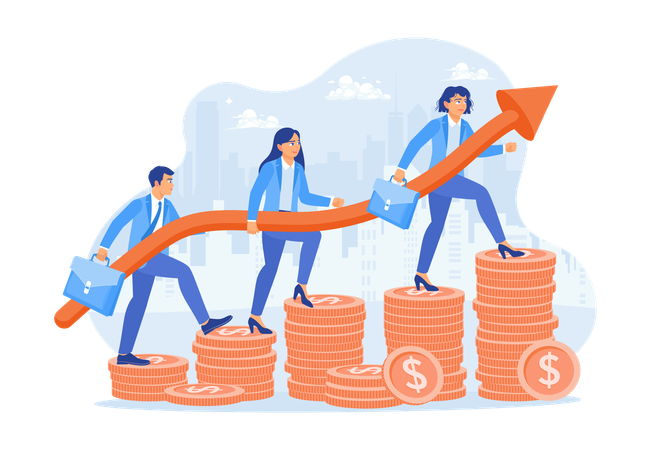 Business Team Walking On Pile Of Coins while getting company profit  Illustration