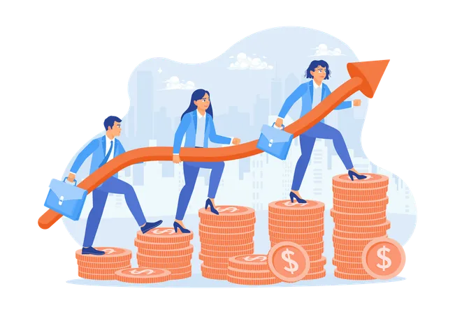 Business Team Walking On Pile Of Coins while getting company profit  Illustration