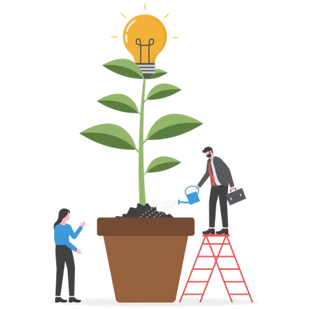 People Working Together To Achieve A Goal Business Team Watering The Growing Tree With A Lightbulb Flat Vector Illustration Illustration