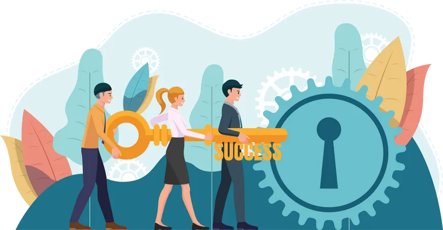 Business Team Holding Golden Success Key To Unlock The Lock Key To Success And Teamwork Concept Illustration