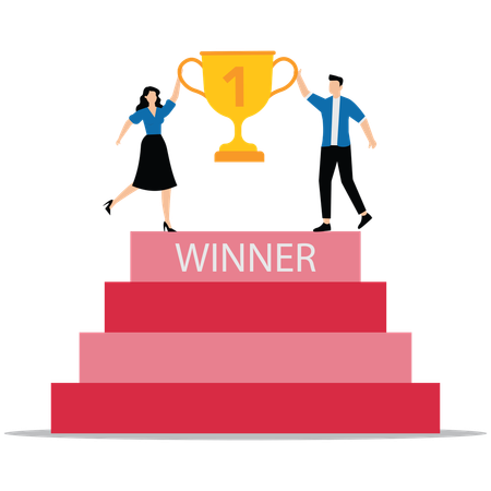 Business team with trophy cup to Win-win strategy solution  Illustration