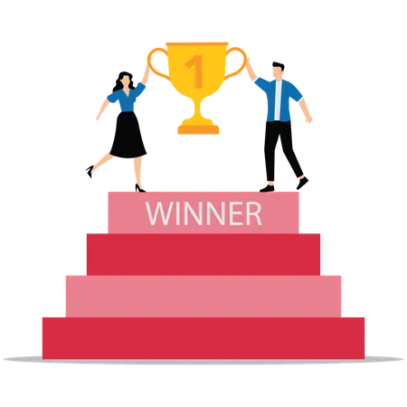 Business team with trophy cup to Win-win strategy solution  Illustration