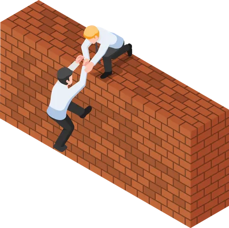 Flat 3 D Isometric Businessman Help His Friend To Climbing Up A Brick Wall Teamwork Concept Illustration