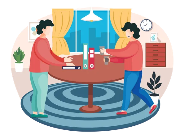 Young Guys Communicate In The Apartment And Spend Time Together Pastime With Friends Man Carries Cups Of Coffee In His Hands Freelancers Working From Home Male Characters Standing Near The Table Illustration