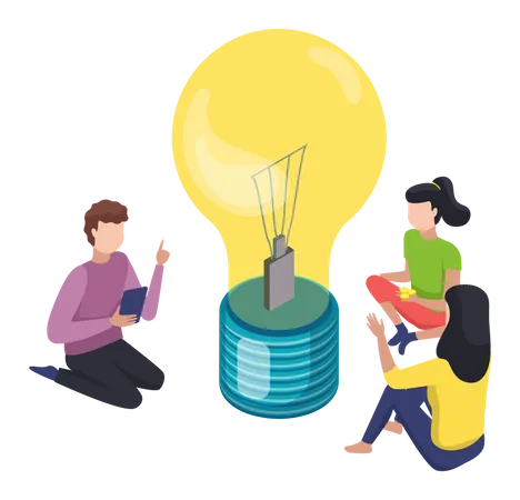 People Sitting Near Burning Light Bulb Teamwork Group Businessmen Create New Ideas For Start Up Communicate Among Themselves In Areas Of Marketing Design And Advertising Innovation Issues Illustration