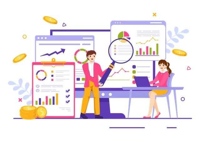 Financial Report Vector Illustration With Data Charts Graphs And Diagrams On Finance Transaction Analysis And Statistic Online In Flat Background Illustration