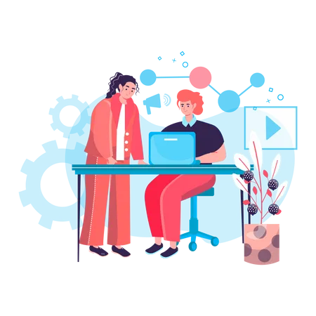 Digital Marketing Concept Marketers Team Working Together In Office Create Advertising Content Promote In Social Network Character Scene Vector Illustration In Flat Design With People Activities Illustration
