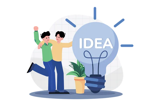 Two Guys Came Up With An Idea By Pointing At A Big Light Bulb Illustration