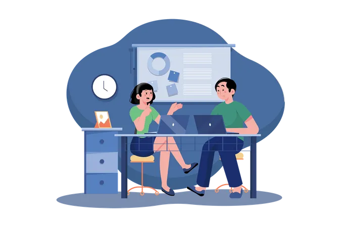 Advertising Agency Young Man And Woman Working Together In The Office Illustration
