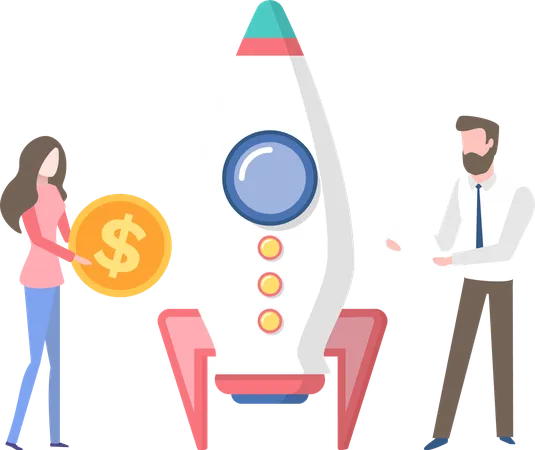 Business Workers With Money Vector Financial Ass And Rocket With Ready To Be Launched Isolated People Wearing Formal Clothes Man And Woman Flat Style Illustration