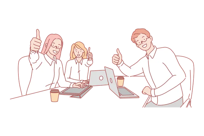 Business Team Coworking Success Concept Young Business Man And Women Show Like Sign Sitting At Work Place Happy Coworkers Did Great Teamwork And Satisfied With Successful Project Simple Vector Illustration