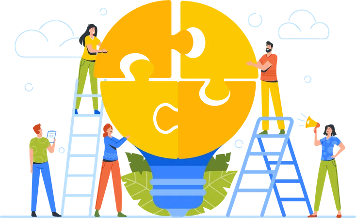 Businesspeople Teamwork Office Employees Group Stand On Ladder Collect Idea As Huge Light Bulb Puzzle Together People Cooperation Collective Work Partnership Startup Cartoon Vector Illustration Illustration