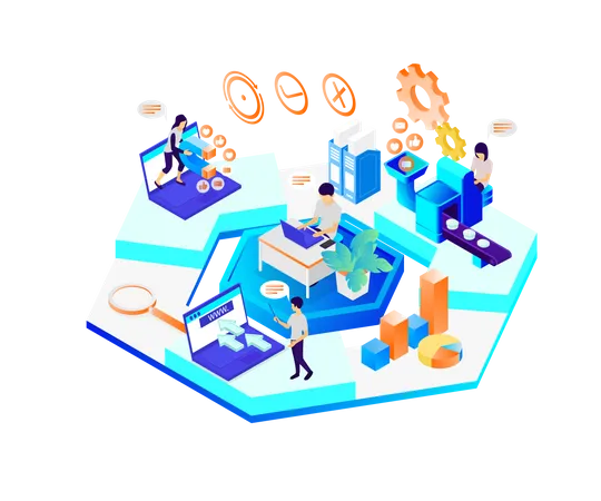 Isometric Style Illustration About A Team Of Marketing Workers Completing Their Respective Jobs Illustration