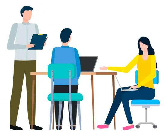 Conversation Of People At Work Appointment With Colleagues Boss Standing Near Employees And Talking About Business Strategy Guy Typing On Laptop Keyboard Vector Illustration In Flat Style Illustration