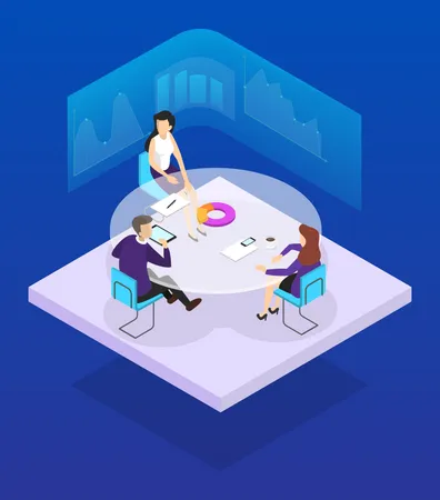 Working Process Concept Business People Work In Team Brainstorming Team Workers Sitting At The Desk Isolated Vector Isometric Illustration Illustration
