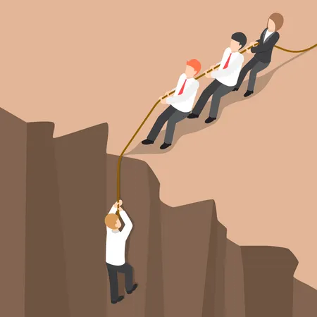 Flat 3 D Isometric Business Team Help Partner Climb Up From The Cliff Teamwork Concept Illustration