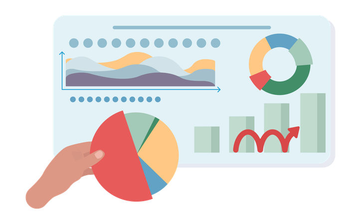 Business team works on pie charts of business  Illustration