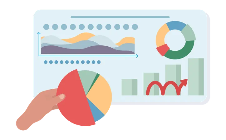 Business team works on pie charts of business  Illustration