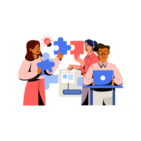 Business team works on business puzzle  Illustration