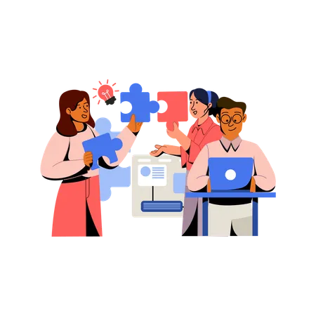 Business team works on business puzzle  Illustration