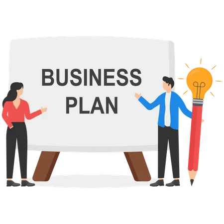Writing A Business Plan To List An Idea Strategy And Develop Plan To Success And Win Business Competition Concept Businessman Holding Lightbulb Idea Pencil About To Write Business Plan On Whiteboard イラスト