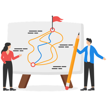 Business teammates considering best path for success on chart paper  Illustration
