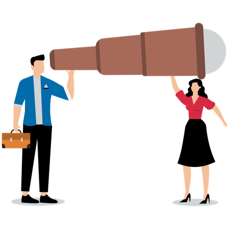 Business teammates helping each other to look forward through telescope  Illustration